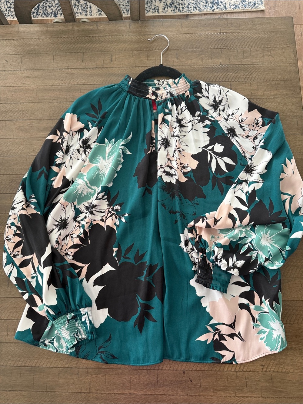 Jennifer Lopez Teal Floral Smocked Neck Blouse